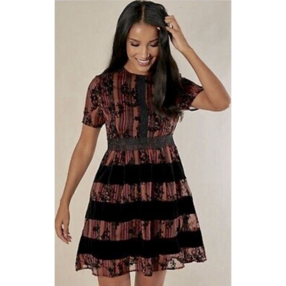 Anthropologie Black and Brown Lace Mini Dress